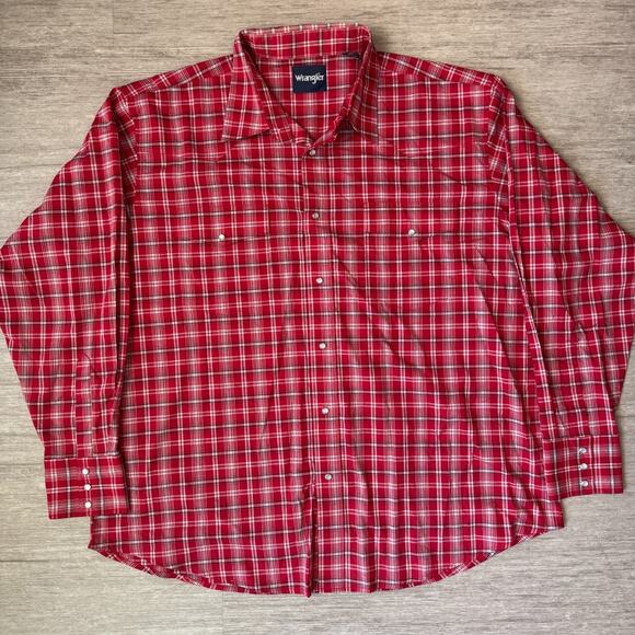 Vintage Wrangler Pearl Snap Button Up Plaid Shirt Red Mens XXL Collared Long Slv - Picture 1 of 6